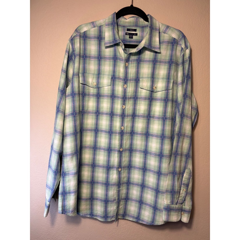 Gap Mens XL Green Blue Plaid Long Sleeve Button Down Shirt Dual Pocket Classic